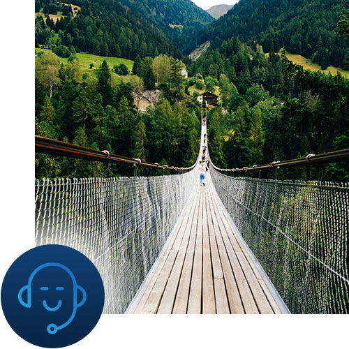 Walkway in the sky with headphone icon representing Tour Marketing Suite offering channel and OTA consulting.