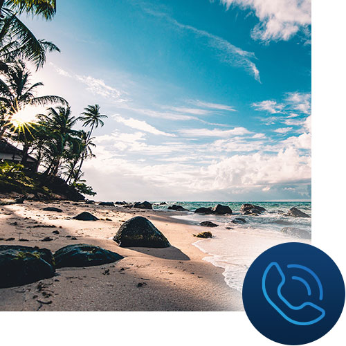 Tropical island beach with phone icon representing Tour Marketing Suite optimizing call tracking to promote your business.
