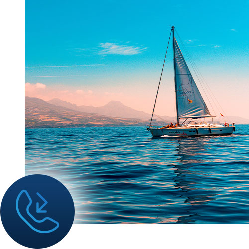 Incoming call phone icon represents Tour Marketing Suite call tracking. Sailboat represents boat tour marketing.