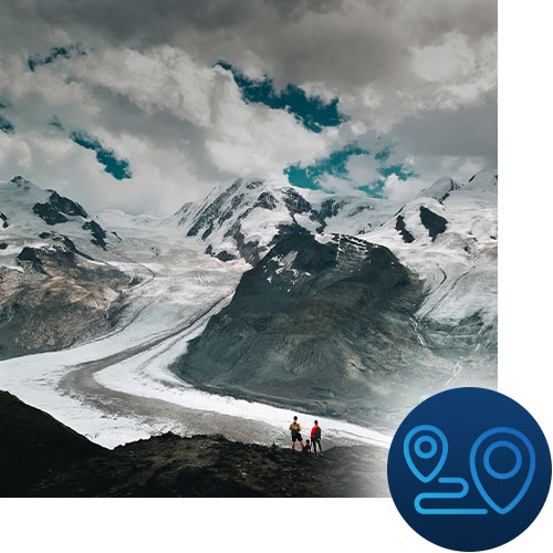 Climbing the mountains into the clouds with location icon representing Tour Marketing Suite continued support of your business and their strategy evolving with your travel business and clientel.