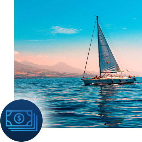 Sailboat on a lake with money icon representing the flexible cost of Tour Marketing Suite's varying services.