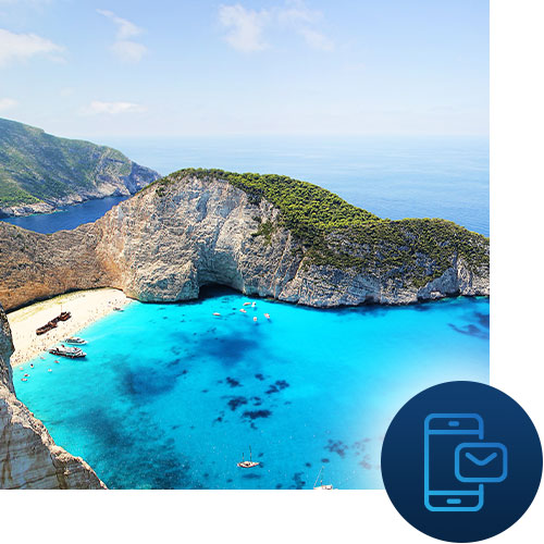 Island on the ocean with phone mail icon representing Tour Marketing Suite helping manage your online reviews.