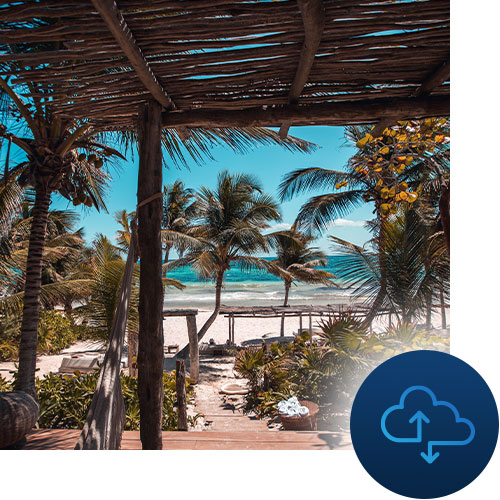 Tiki hut on a tropical beach with cloud icon representing Tour Marketing Suite handling planning and analysis for website development for your business.